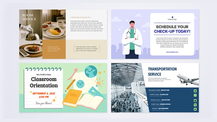 LG SuperSign Cloud provides content design templates tailored for various spaces, and the image shows examples of these features in use.