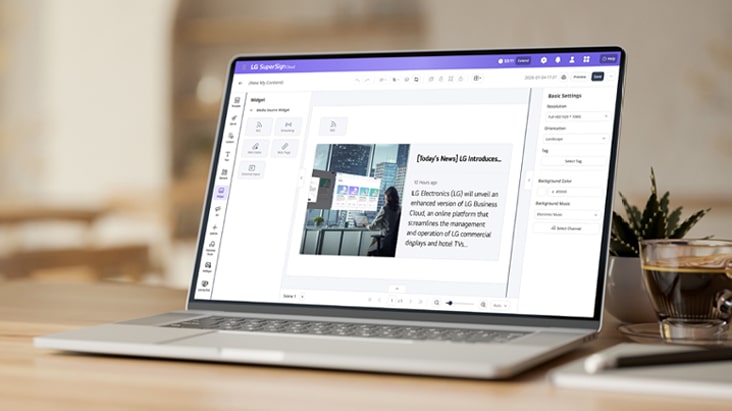 The image illustrates an example of adding real-time information via RSS feeds or HTML code using the widget features provided by LG SuperSign Cloud.