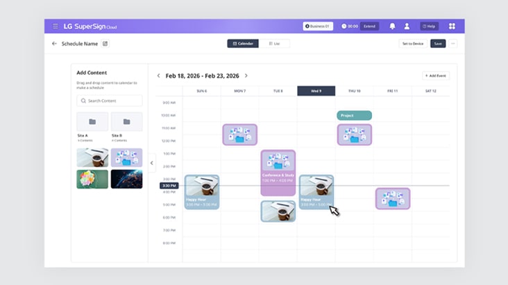 This image highlights that content schedules can be easily managed with LG SuperSign Cloud using an easy-to-use drag-and-drop interface.