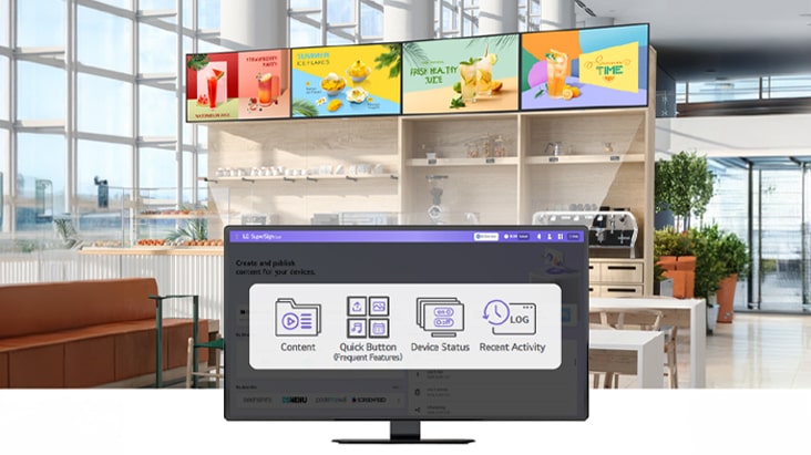 The image illustrates an example of different content being delivered to multiple signage displays in a café using LG SuperSign Cloud.