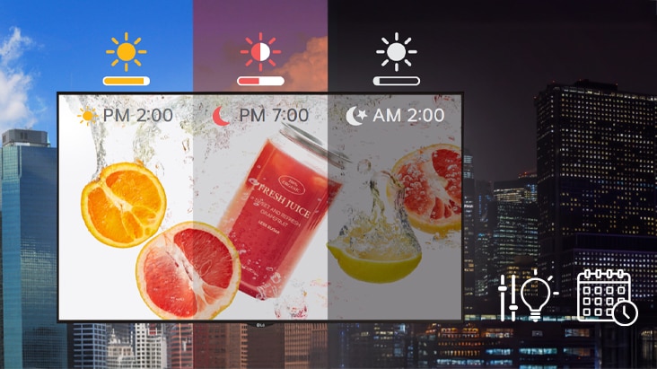 Over time, the signage brightness adapts to changes in external lighting. Users have the option to adjust it for increased brightness in strong sunlight and decreased brightness in darker conditions.