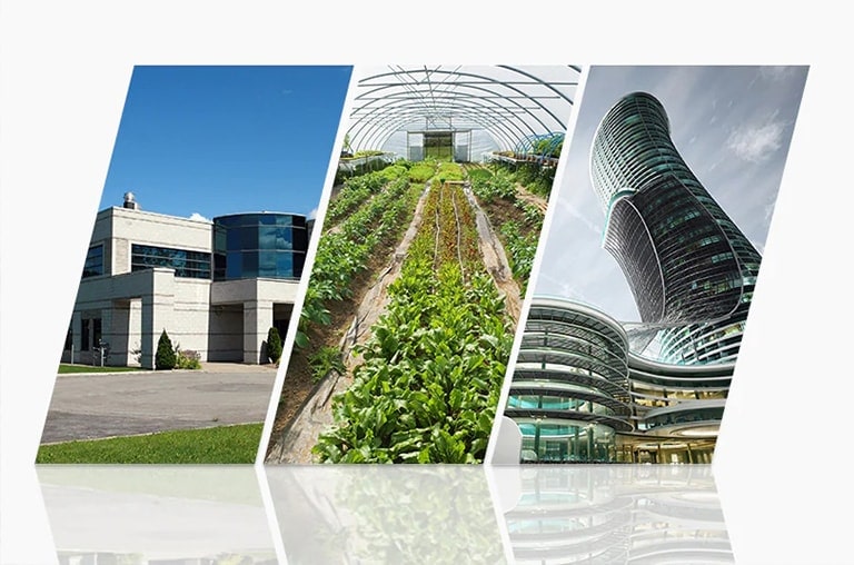 Three lozenges side by side, showing Air-cooled Inverter Scroll Heat Pumps used in large offices, greenhouses, and tall buildings.