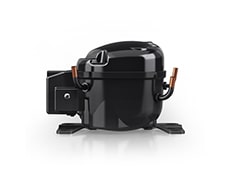 LG Fixed Speed Compressor – black compact refrigeration motor for refrigerators, dehumidifiers, and beverage machines, featuring R134a, R600a, and R290 refrigerants