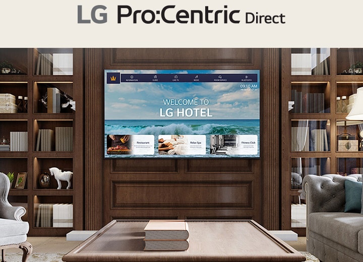 A luxury hotel room features a central TV equipped with LG Pro:Centric, displaying a welcome message to guests.