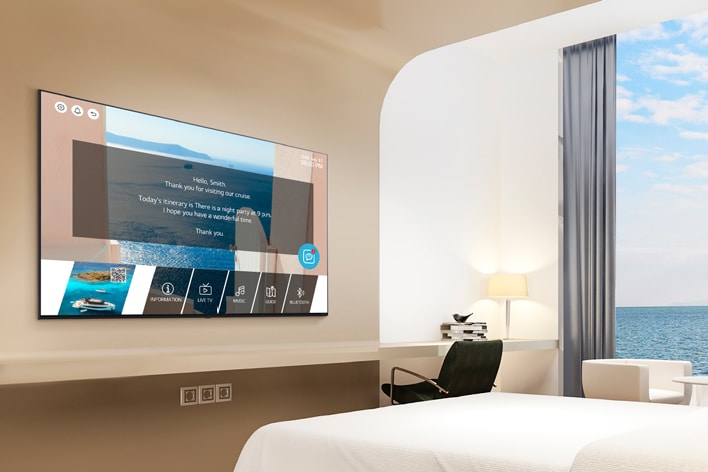 An LG commercial TV is installed in a cruise ship cabin.