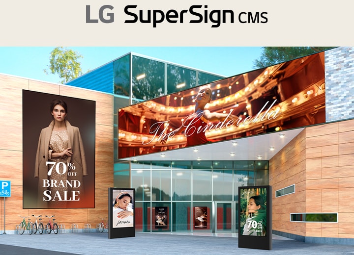 It displays a virtual space where various types of signage, such as large LED displays, window-facing displays, and open-frame displays, are being used.