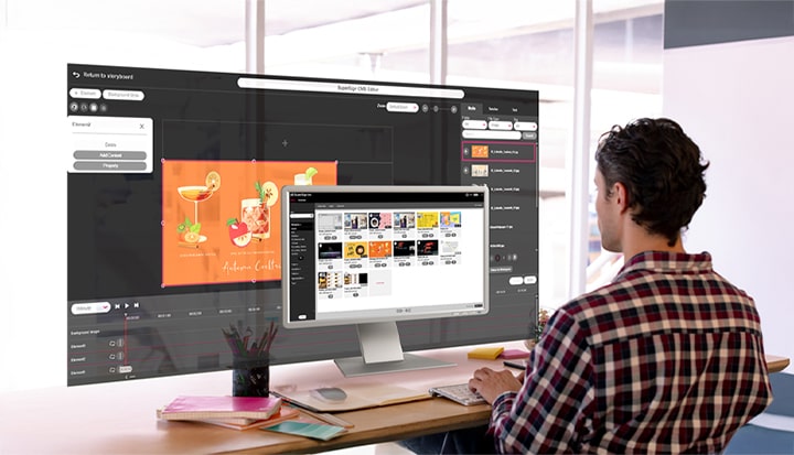 A man is creating content for the signage. The monitor screen displays a list of the generated content, while a simulated editor interface is shown in the background on a larger screen. Both screens reflect actual UI views accessible within the solution.