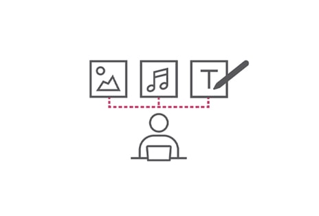 This image showcases the Editor features of LG SuperSign CMS, with various creation tools for music, images, widgets, and videos represented through simple icons.