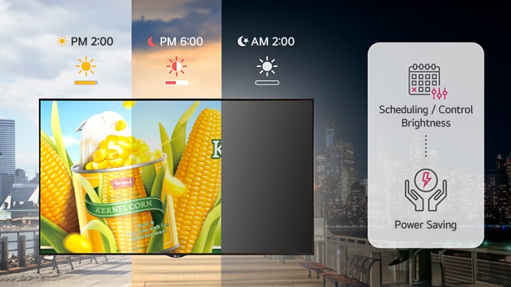 Utilizing LG SuperSign CMS, brightness of signage can be adjusted based on external lighting conditions to optimize power consumption. The scheduling feature is used to adjust the brightness, maintaining maximum brightness at 2 PM and gradually reducing it as it gets darker by 6 PM. The image also illustrates that the power can be turned off at 2 AM.
