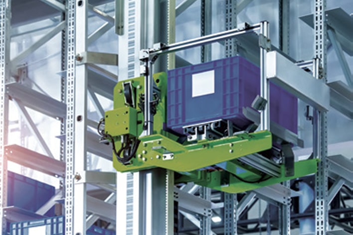 High-tech automated storage and retrieval system in factory warehouse, featuring LG smart logistics automation.