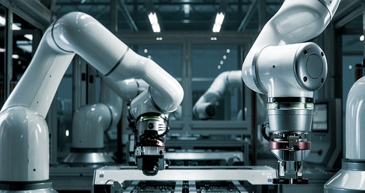 Robotic arms operating in advanced production line, illustrating LG intelligent automation solutions for manufacturing efficiency