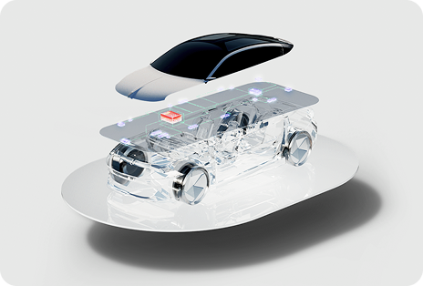 Exploded car shows LG VS Mobility creating living spaces on wheels through consumer electronics and information technology.