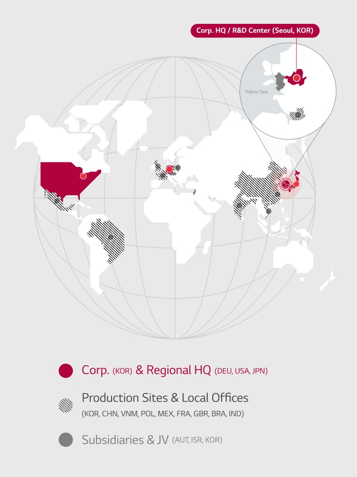 Global map shows LG VS Company Where to Find Us, delivering service and innovation through its global network.