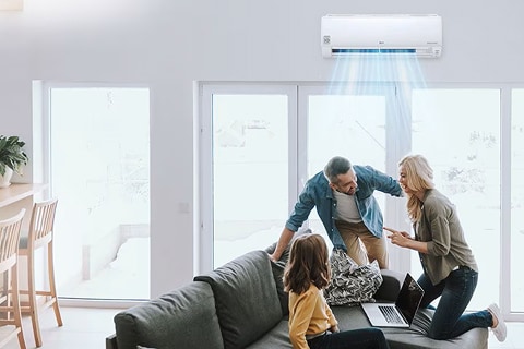 Collage of indoor spaces with LG HVAC solutions: an office with ceiling-mounted air conditioning, a bedroom with airflow from a wall unit, and a bathroom with heating equipment, illustrating comfort in different environments