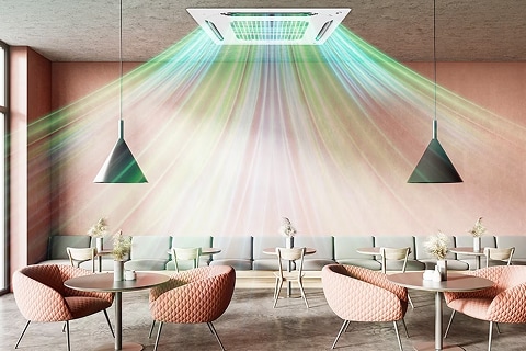 Indoor view of a café with a circular ceiling air conditioner