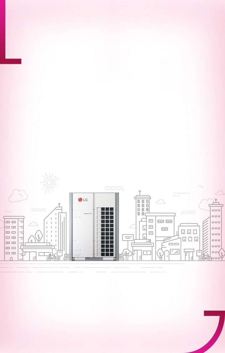 LG Multi V 5 showcases advanced HVAC features with energy-saving performance displayed against a stylized city illustration for commercial use