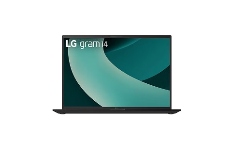 Front view of an LG gram 14-inch laptop with a sleek black design and a green-themed screen wallpaper.