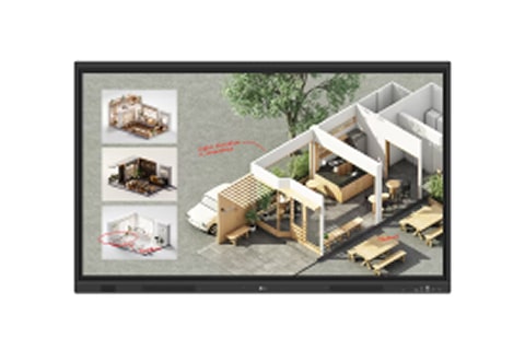 A large LG digital display shows a 3D architectural layout with multiple room views and handwritten notes.