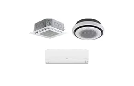 A set of four air conditioning indoor units in different shapes, including ceiling, wall, and circular designs.