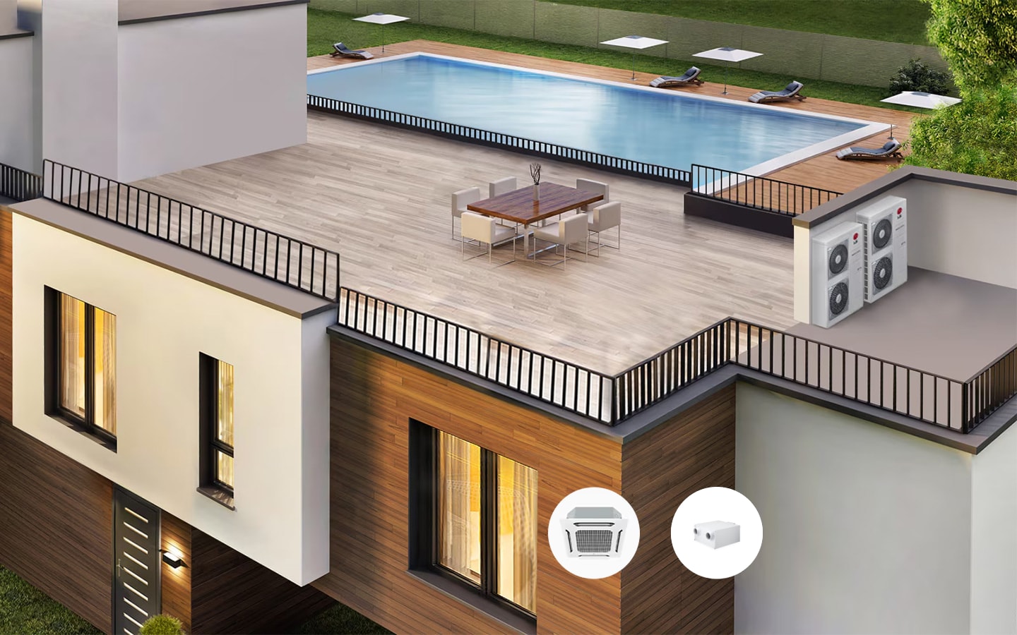 A modern house with a rooftop terrace featuring a swimming pool, dining table, and outdoor HVAC units.