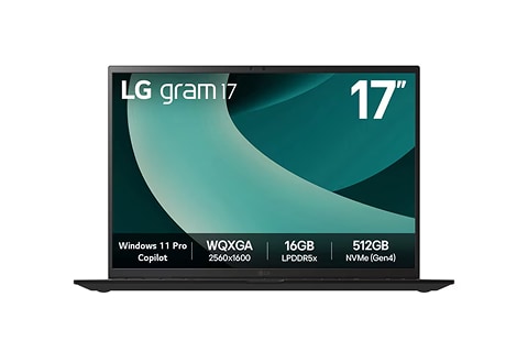 'A laptop computer with a purple screen displaying the text “LG gram Pro.”