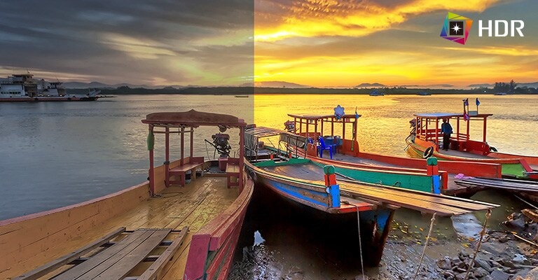 HDR, supporting specific levels of color and brightness, compared to SDR with dramatic colors of the content