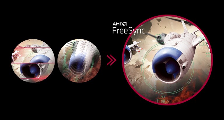 Clear gaming image with seamless, fluid movement when AMD FreeSync™ is on, while screen stuttering and tearing occur when AMD FreeSync™ is off.