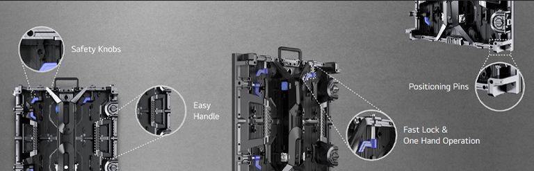 The cabinet parts, including 'Safety Knobs', 'Easy Handle', 'Fast Lock & One Hand Operation', and 'Positioning Pins', are depicted in an enlarged manner.