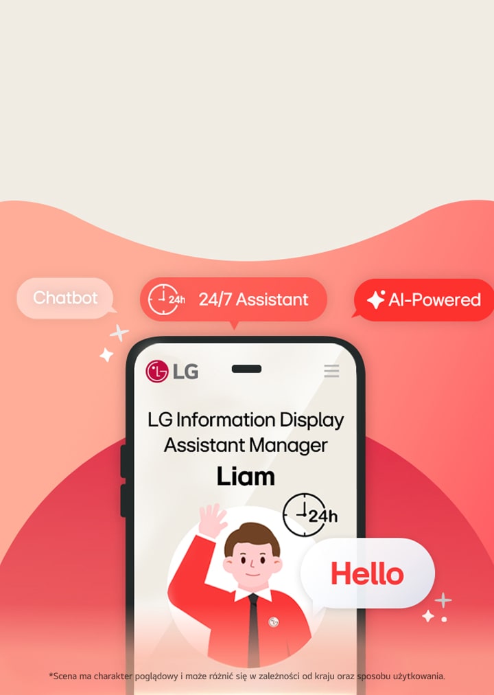 Liam, asystent menedżera ds. wyświetlaczy informacyjnych LG, w formie czatbota zapewniającego wsparcie 24/7 oparte na sztucznej inteligencji. Cyfrowy asystent LG oferujący dopasowane odpowiedzi dla klientów biznesowych.