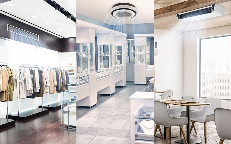 Three images of a clothing shop, a jewelry shop and a restaurant with air conditioning on.