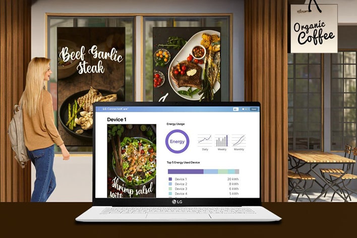 An image of remotely controlling a display product using a computer, with the text ‘Remote display management solution’ over it.