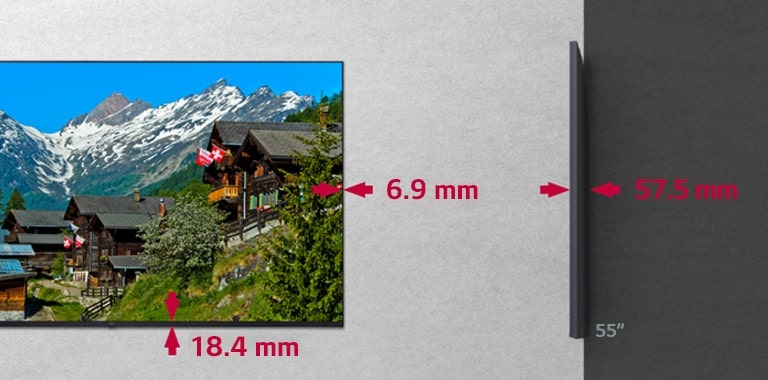 It is displaying the bezel size as 6.9mm by 18.4mm and demonstrating its thinness at 57.5mm depth.