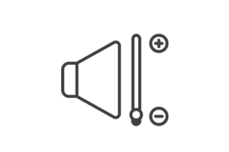 A speaker with a volume adjuster line on the right side with a + sign on the top and a - sign on the bottom. The adjuster button is on the bottom indicating low noise.