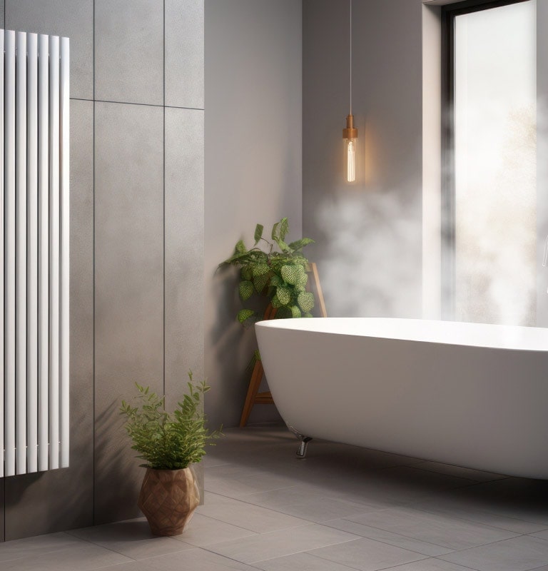 The R290 indoor unit is installed on the left side of the residential bathroom, and steam is rising from the white bathtub on the right.