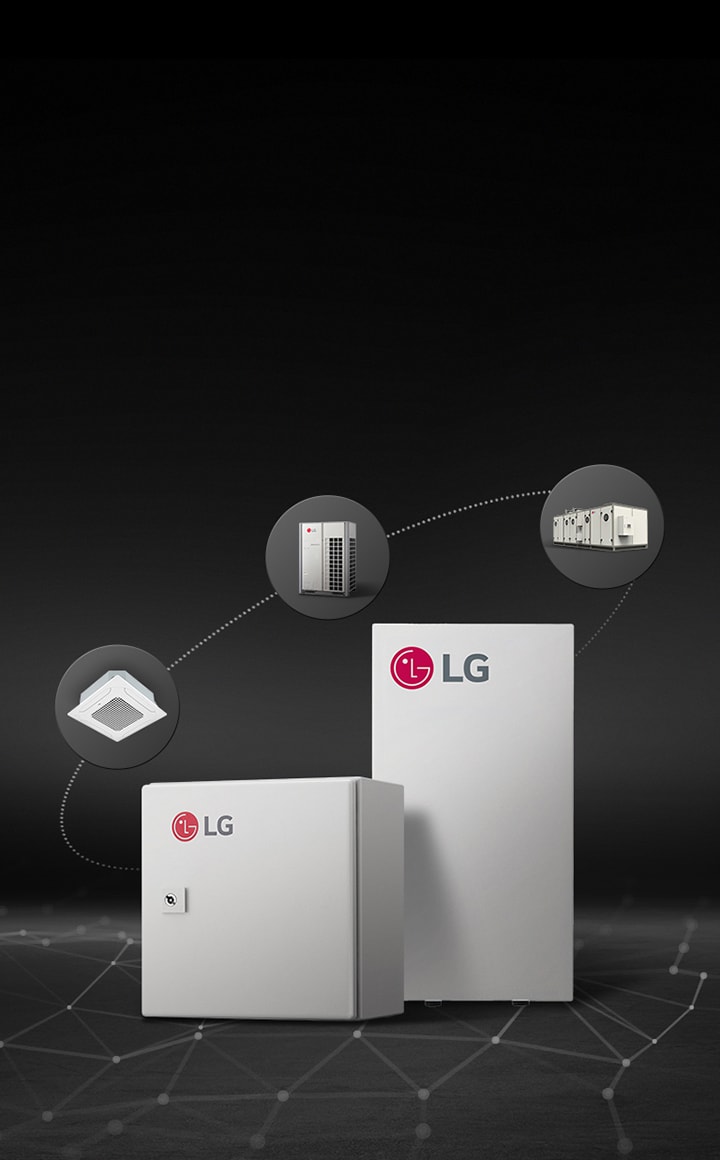 Two AHU Kits with LG logos are positioned at the center, surrounded by icons representing connected devices. The background features dots and lines representing a network.