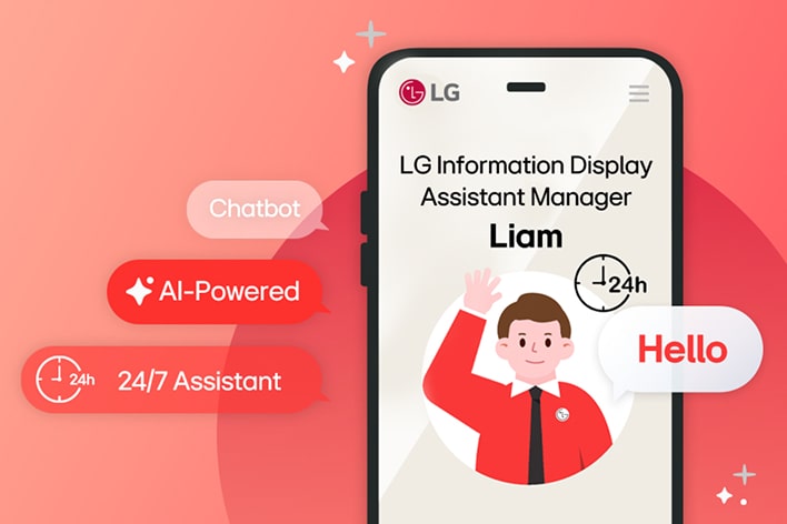 LG Information Display Assistant Liam displayed on a smartphone interface. AI-powered 24/7 support delivering fast, tailored answers to customer enquiries.