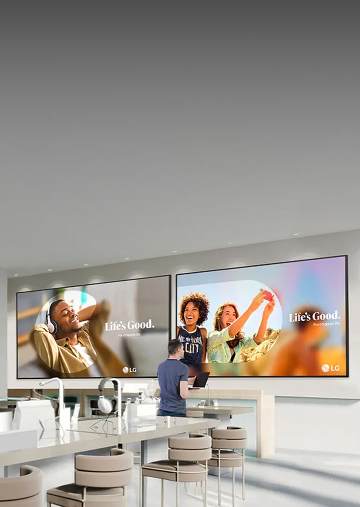 LG Digital Signage large-format displays installed in a retail environment, showcasing vibrant promotional content.