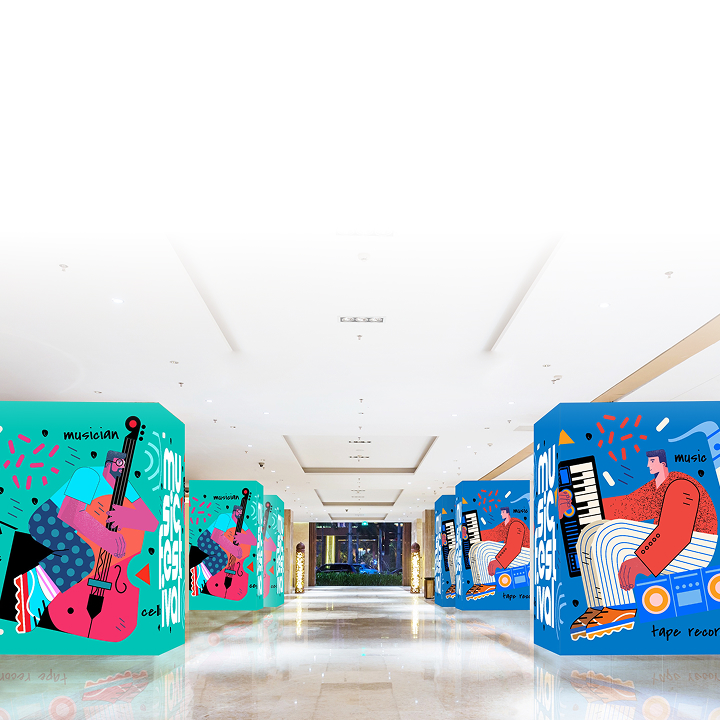 LG LED signage wrapped around columns in a modern lobby, displaying colourful music festival graphics. LG display solutions enhancing creative indoor advertising and brand experiences.