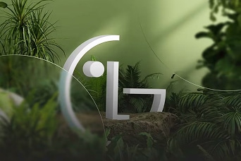 White LG logo sculpture displayed within a lush indoor garden, symbolising sustainability and environmentally conscious design.