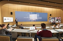 LG large-format display in a lecture theatre supporting hybrid learning and presentations. LG education display solutions enabling collaboration and remote participation.