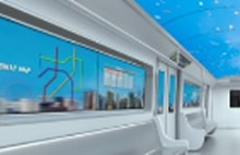 LG digital signage inside a metro train displaying interactive route maps and immersive ceiling visuals. LG transport display solutions enhancing the passenger experience.