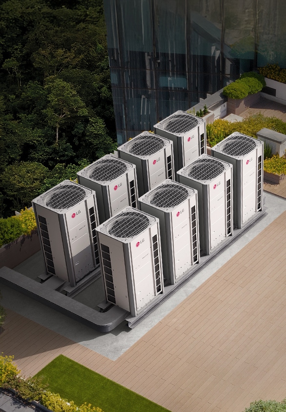 LG HVAC Commercial Solutions applied in a modern high-rise building. Efficient climate control technology enhancing comfort and business value