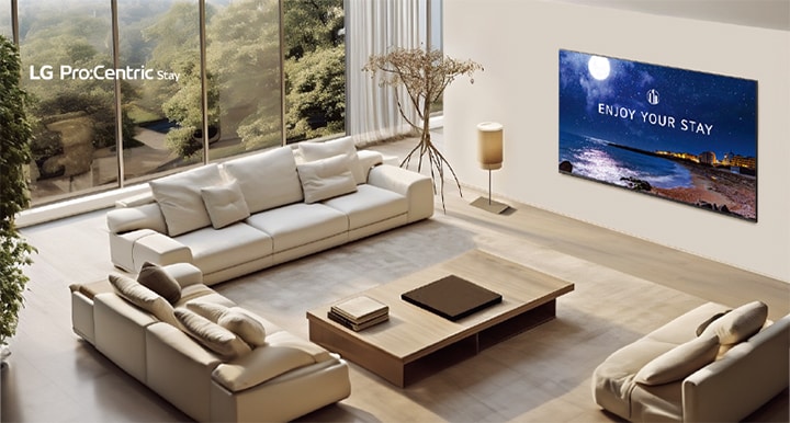 A TV controlled through the Pro:Centric Stay solution is mounted on the wall of the accommodation.