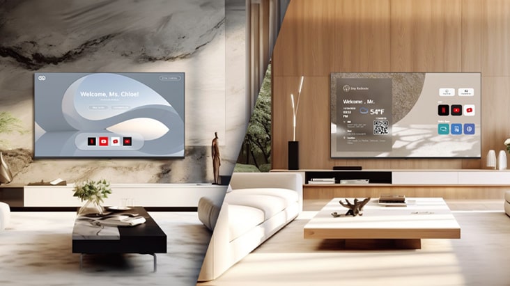 This image contrasts two room views from different accommodations, each with welcome messages on their respective TVs.