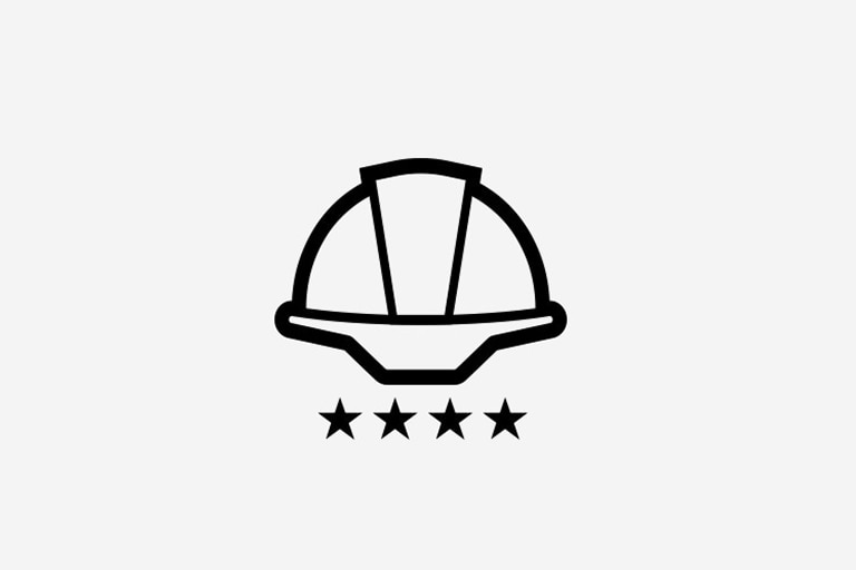 A black-outlined helmet is in front view, followed underneath by a row of four filled stars.
