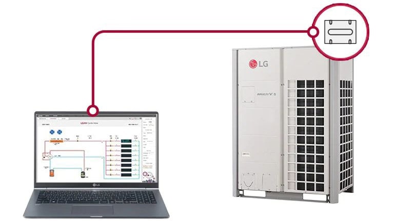 An expert wearing LG uniform inspects components and performance of HVAC by using electronic tools that detect abnormalities.