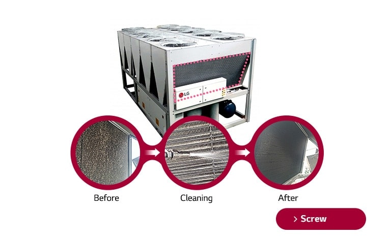 LG Centrifugal Chiller unit, a grey-toned assembly of circular and rectangular forms, adorned with red tags marking centrifugal, and screw.