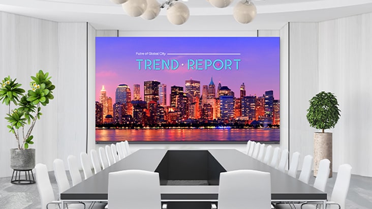 LG large-format LED signage in building lobby displaying vivid underwater scene with school of fish. LG digital display solutions delivering immersive visuals for corporate and commercial spaces