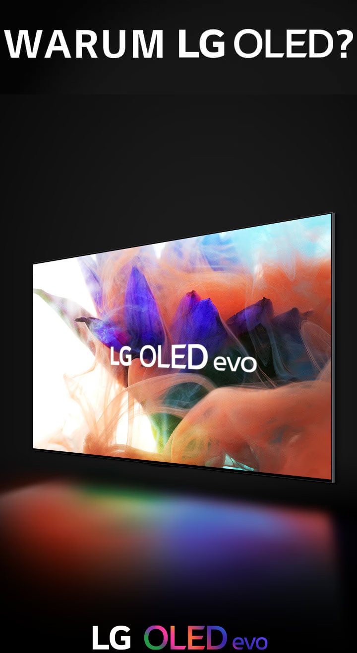 Der LG OLED evo TV taucht aus dem Schatten auf und füllt den Bildschirm mit einem lebendigen und abstrakten Blumenbild, das mit dem Text „This is the OLED evo difference“ (Darum macht OLED evo den Unterschied) überlagert wird. This is the OLED evo difference