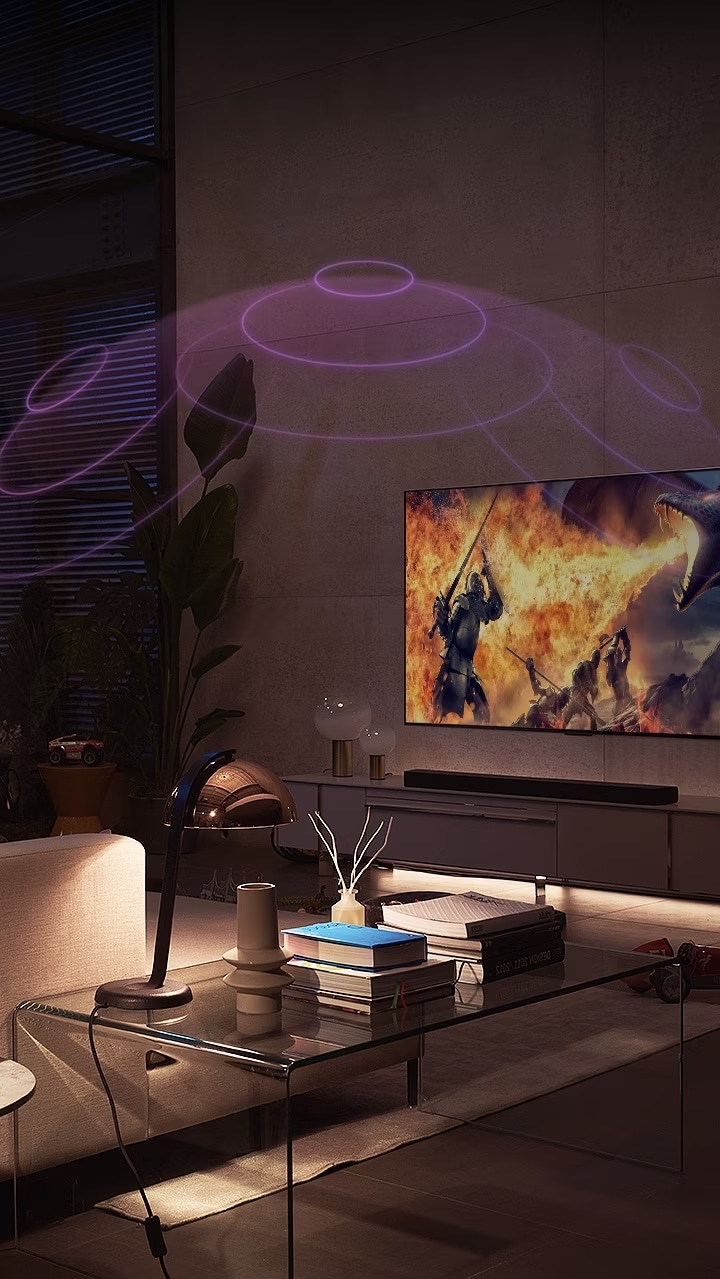 Ein an der Wand montierter LG OLED TV steht in einem weißen und hellen Raum mit natürlicher Deko. Der Bildschirm bewegt sich und die Szene ändert sich von Tag zu Nacht. with Dolby Vision IQ logo